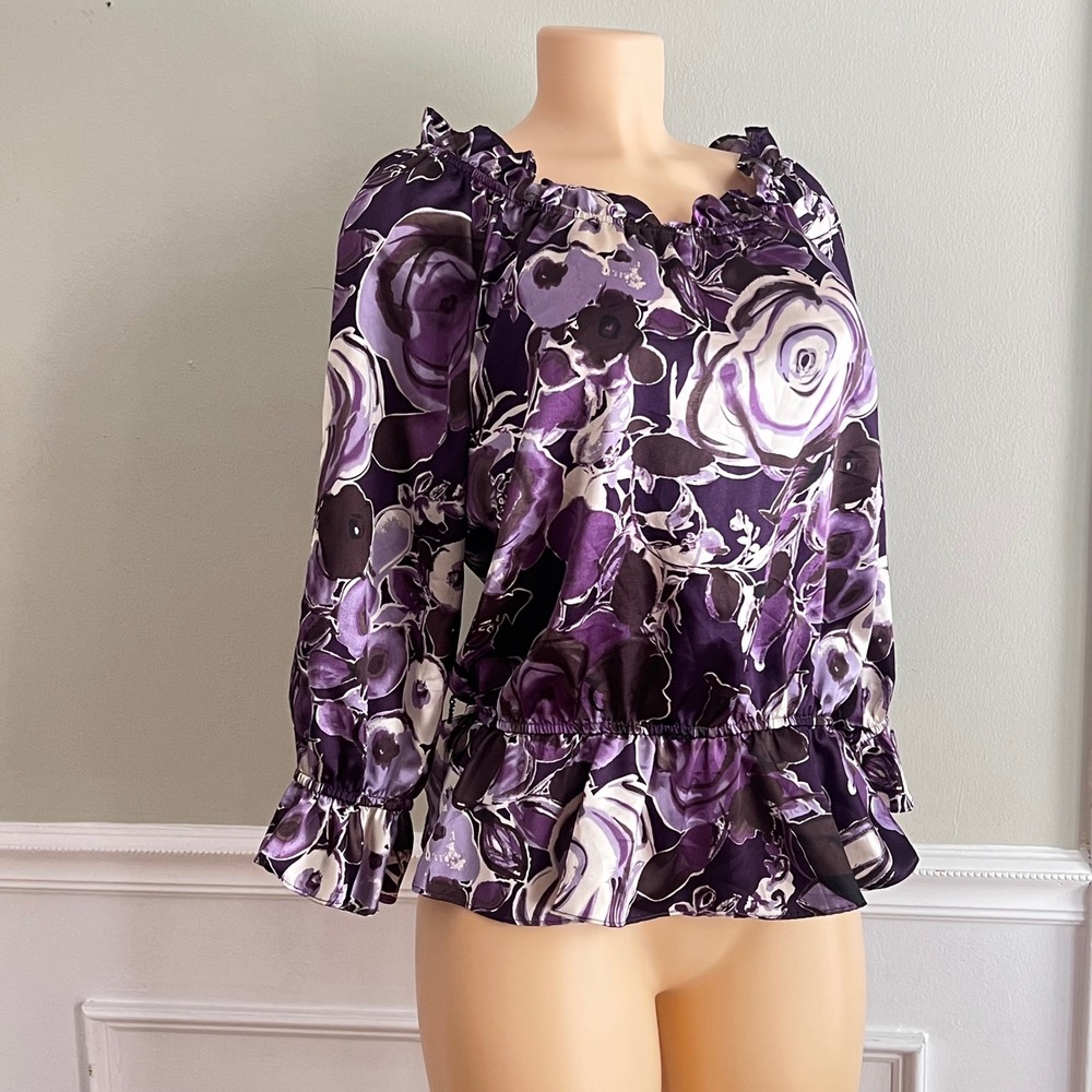 MSK Floral Peplum Blouse Womens Large Off Shoulder Ruffle Purple Rose Boho Top - Picture 3 of 11